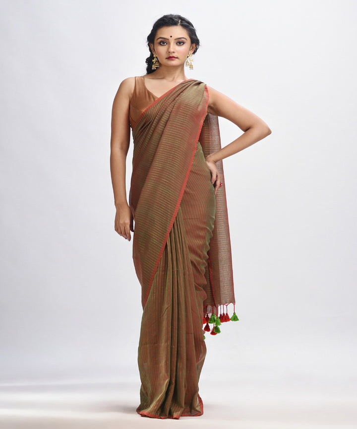 Brown green handwoven mulmul cotton bengal saree
