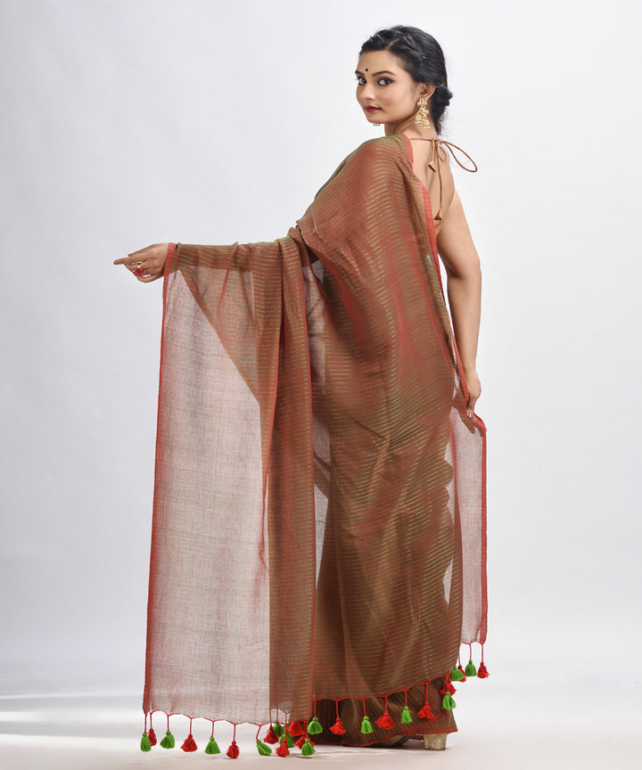 Brown green handwoven mulmul cotton bengal saree