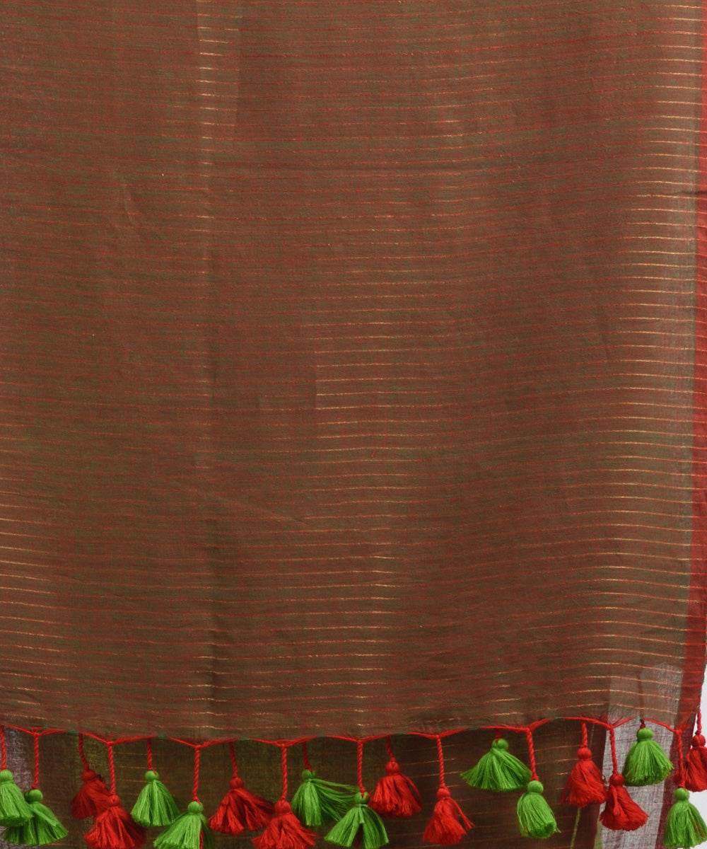 Brown green handwoven mulmul cotton bengal saree