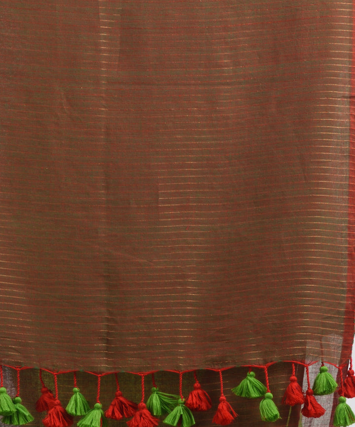 Brown green handwoven mulmul cotton bengal saree