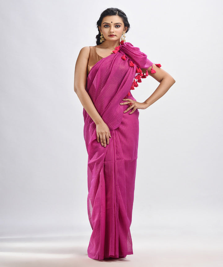 Magenta handwoven mulmul cotton bengal saree