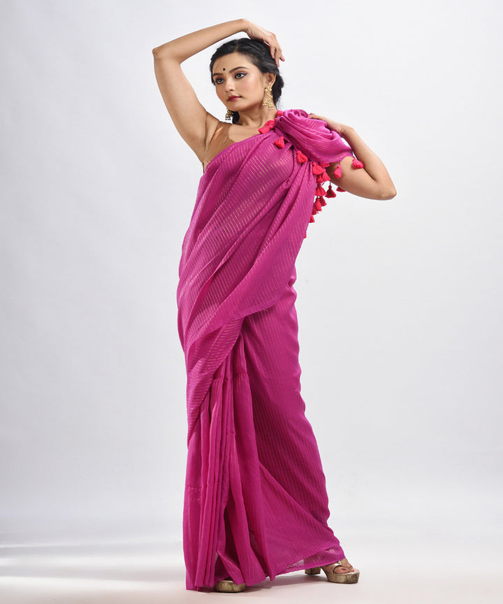 Magenta handwoven mulmul cotton bengal saree