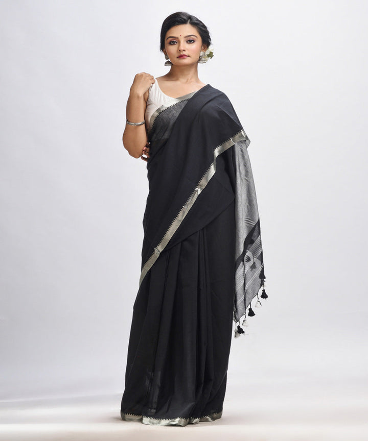 Black handloom cotton bengal saree with zari pallu and border