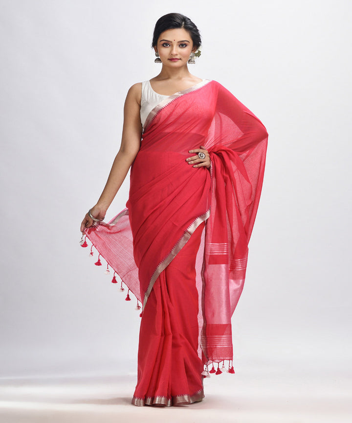 Red handloom cotton bengal saree with zari pallu border