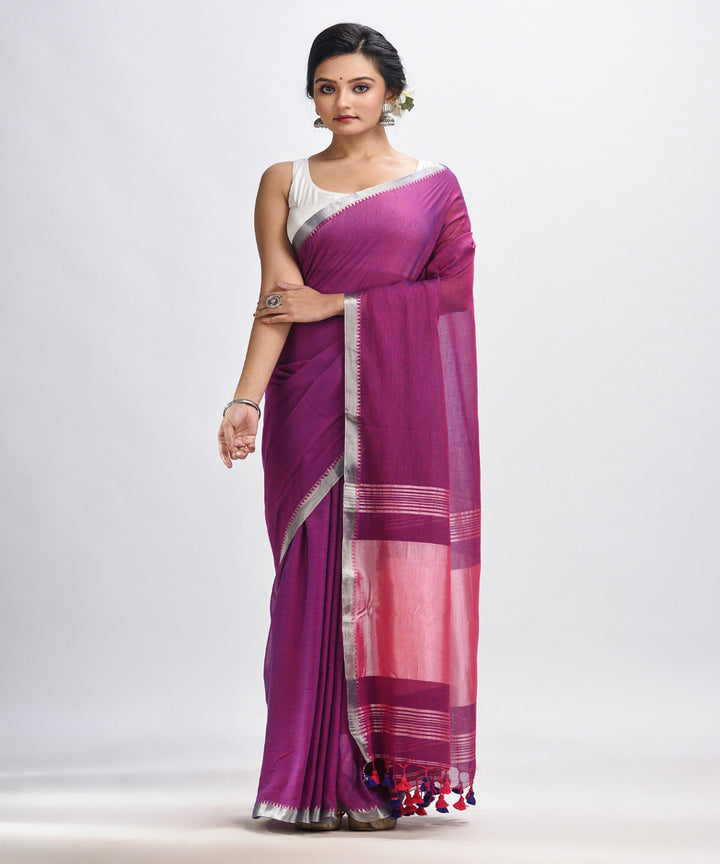 Magenta handloom cotton bengal saree with zari pallu border