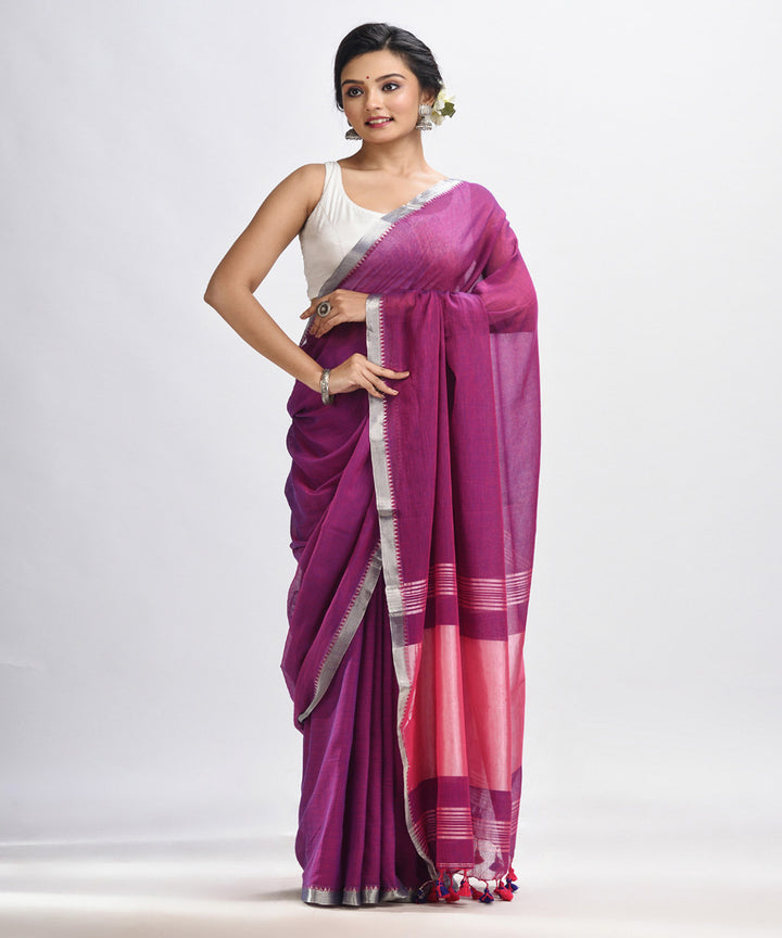 Magenta handloom cotton bengal saree with zari pallu border