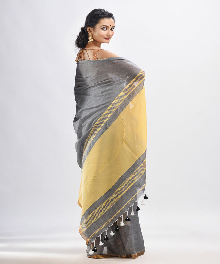 Grey yellow handloom cotton bengal saree with zari pallu border