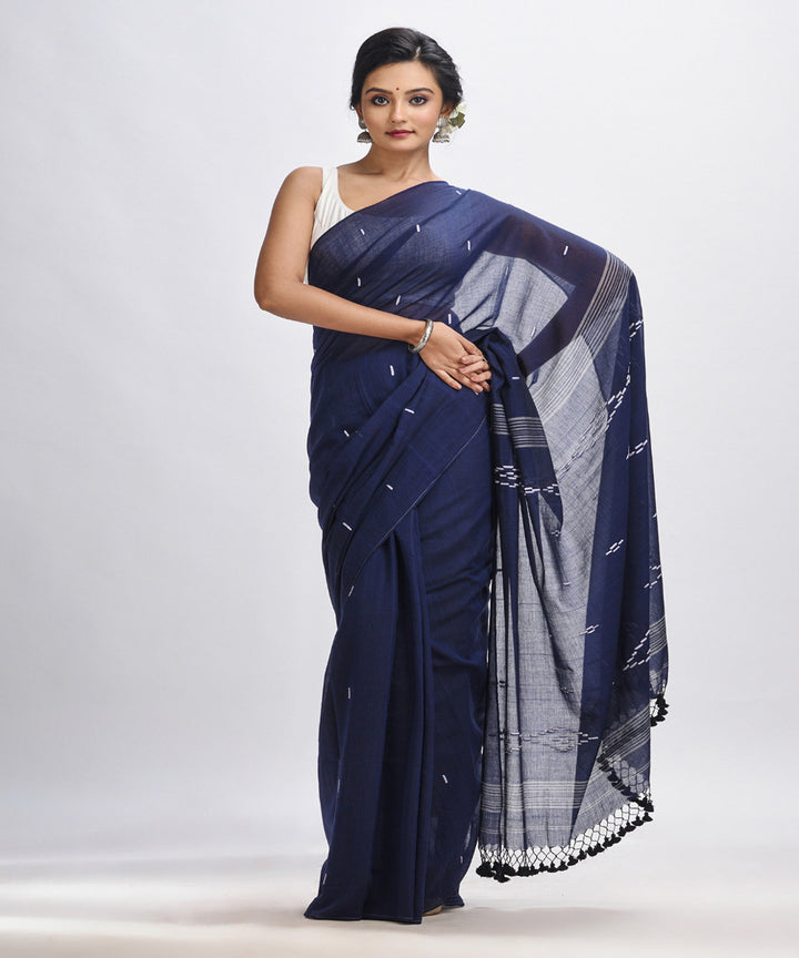 Navy blue handloom mulmul cotton bengal saree