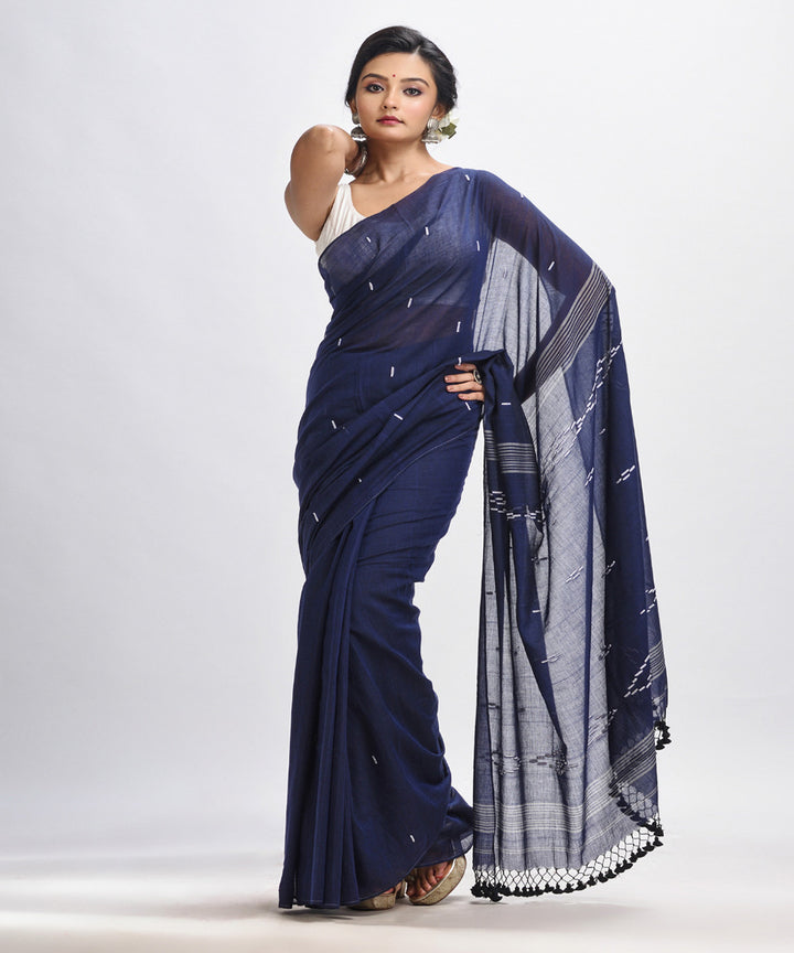 Navy blue handloom mulmul cotton bengal saree