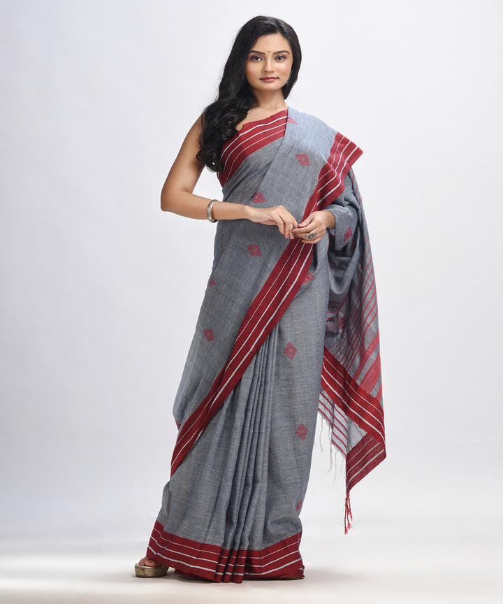 Grey maroon handwoven cotton bengal saree