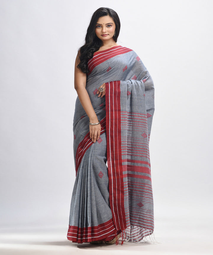 Grey maroon handwoven cotton bengal saree