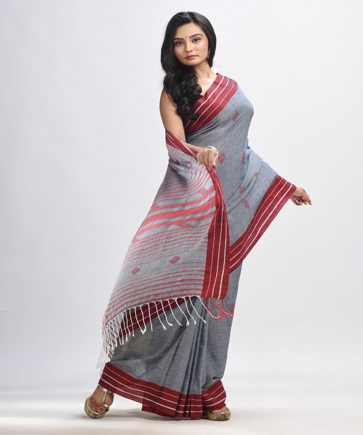 Grey maroon handwoven cotton bengal saree
