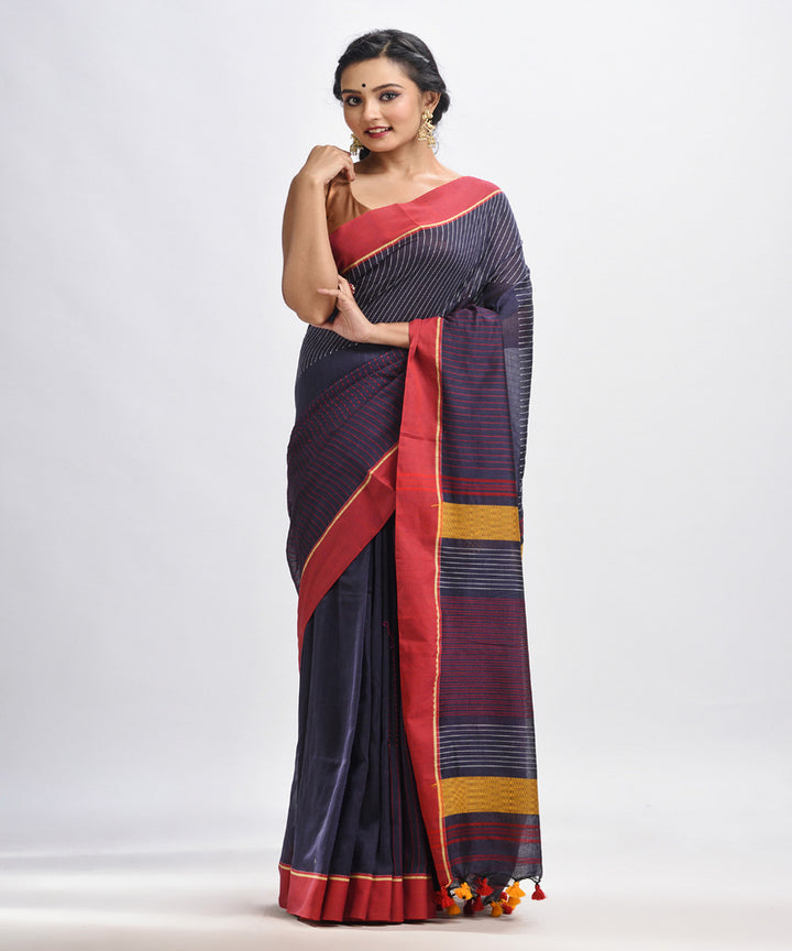 Dark grey red handwoven cotton bengal saree