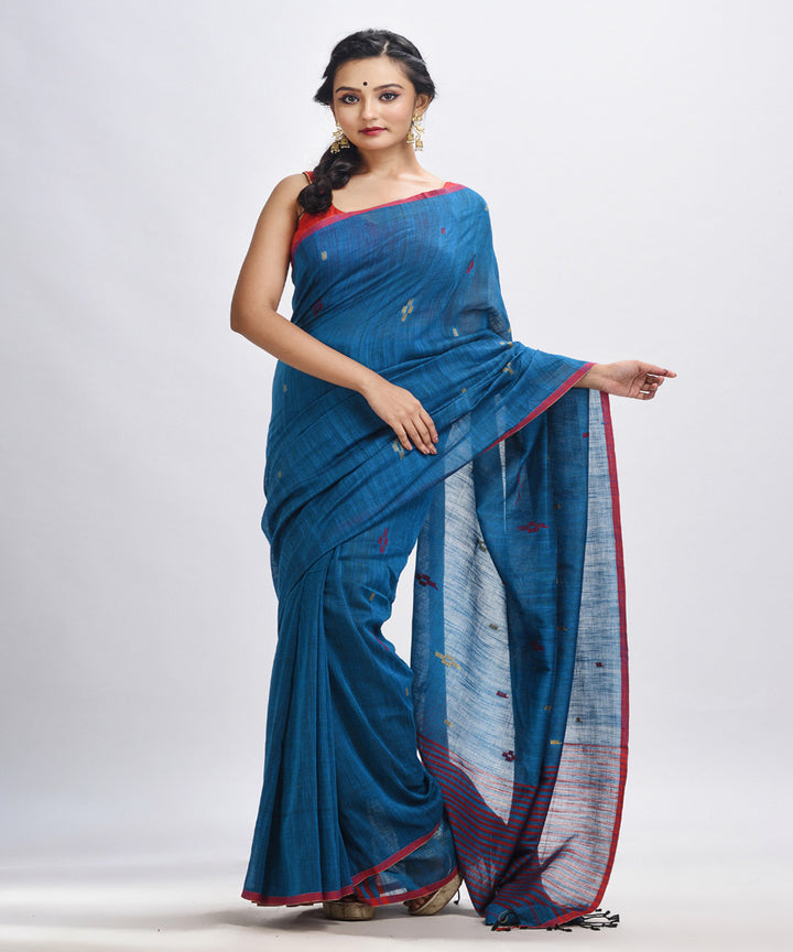 Turquoise handwoven cotton stipes pallu bengal saree