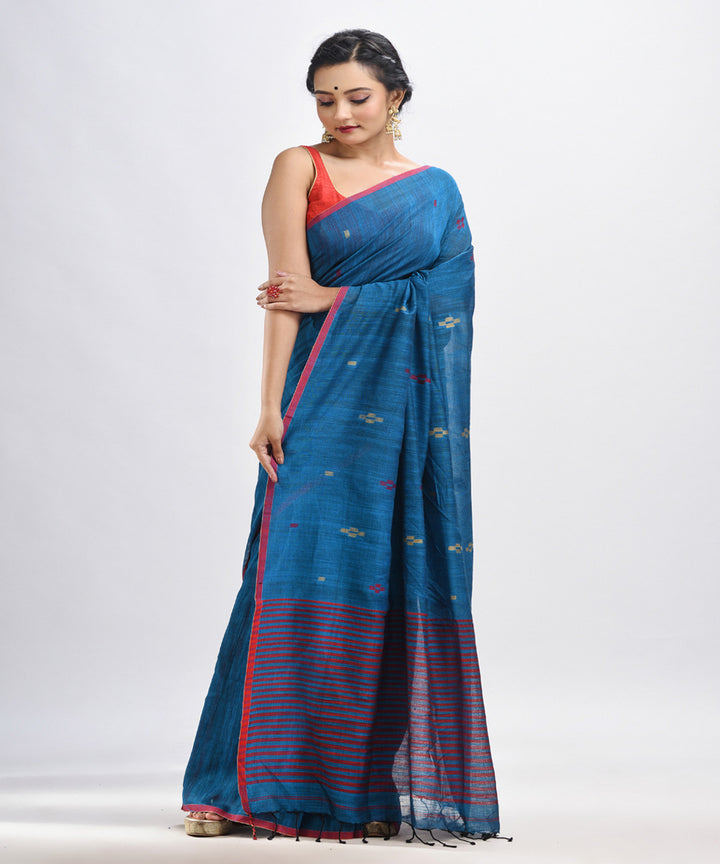 Turquoise handwoven cotton stipes pallu bengal saree