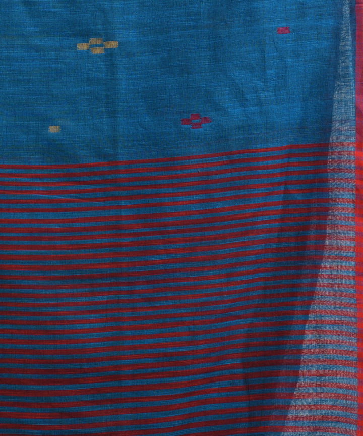 Turquoise handwoven cotton stipes pallu bengal saree