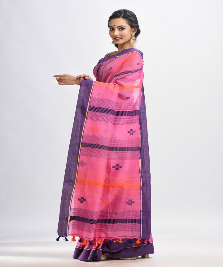 Pink blue handwoven cotton bengal saree