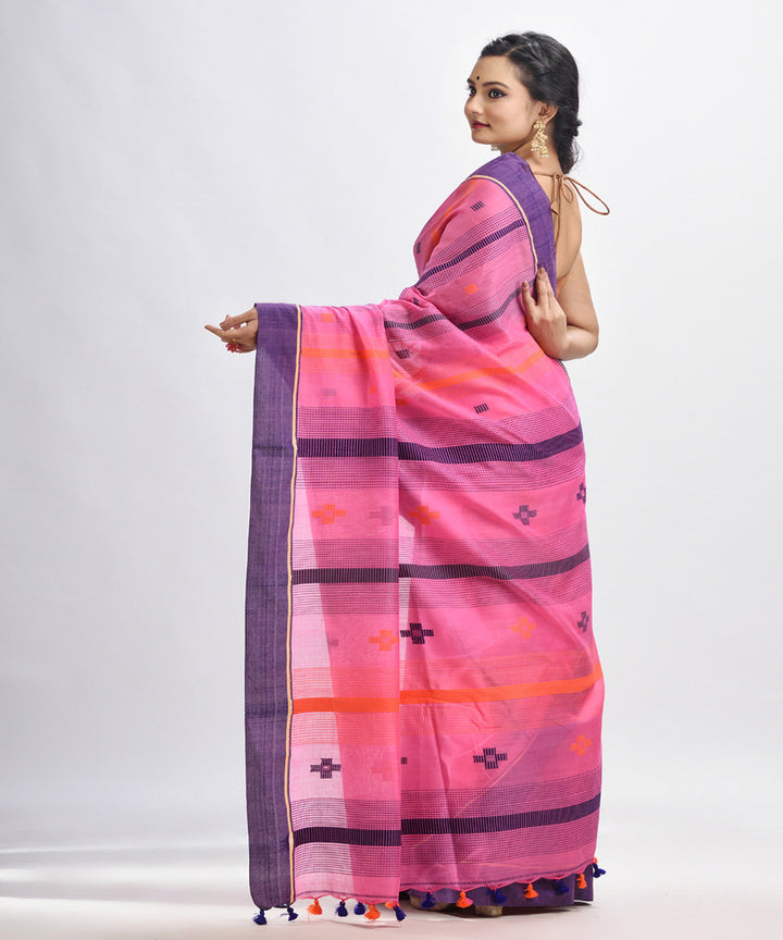 Pink blue handwoven cotton bengal saree