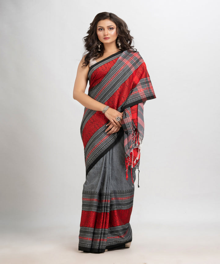 Grey red handloom begampuri cotton saree