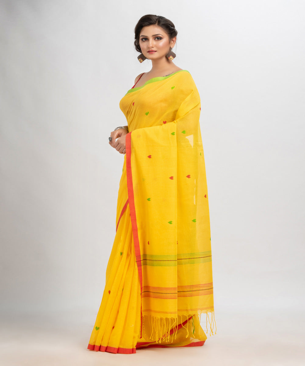 Yellow red handloom cotton with jacquard border bengal saree