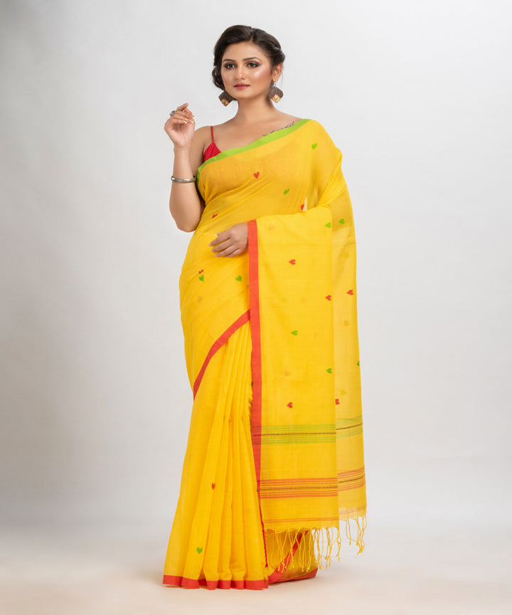 Yellow red handloom cotton with jacquard border bengal saree