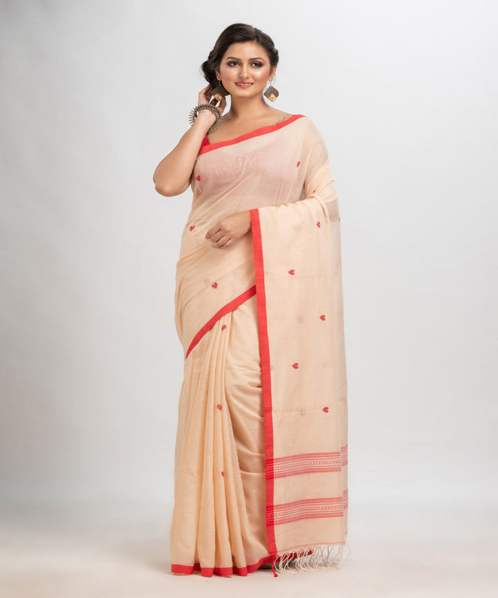Cream red handloom cotton with jacquard border bengal saree