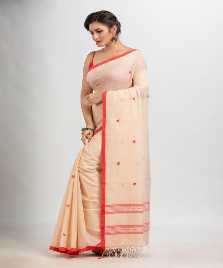 Cream red handloom cotton with jacquard border bengal saree