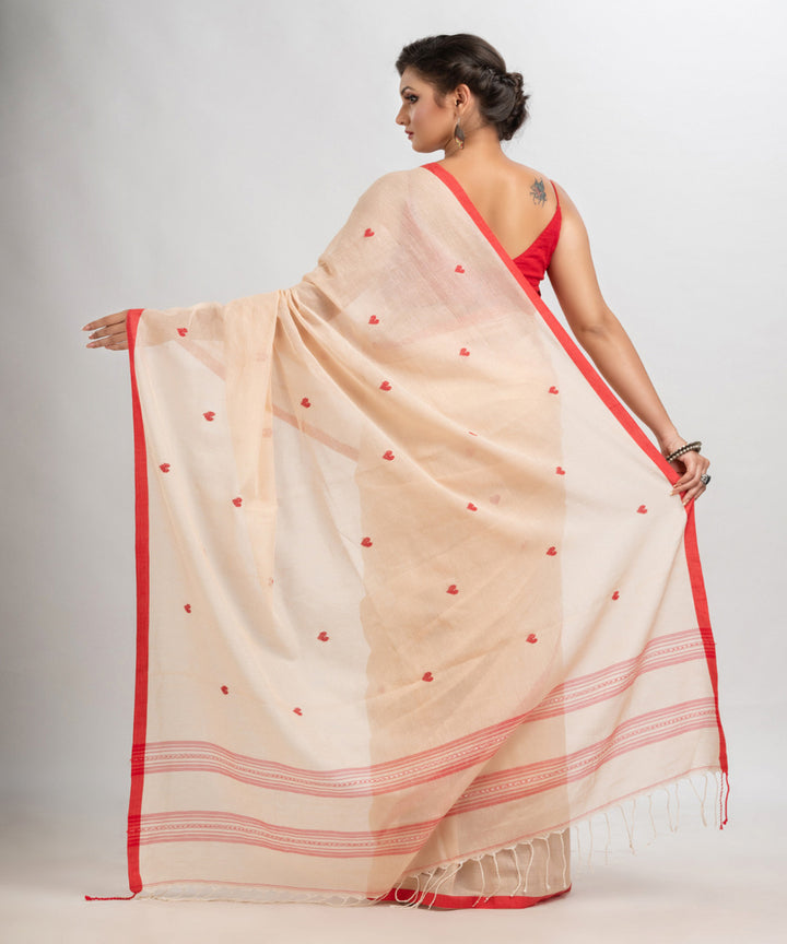 Cream red handloom cotton with jacquard border bengal saree