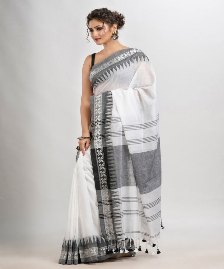 White grey handloom cotton jacquard border with stripes pallu saree