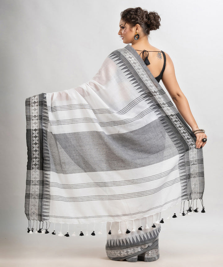 White grey handloom cotton jacquard border with stripes pallu saree