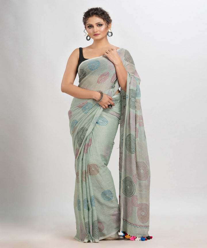 Grey tinge handwoven cotton embroidery bengal saree
