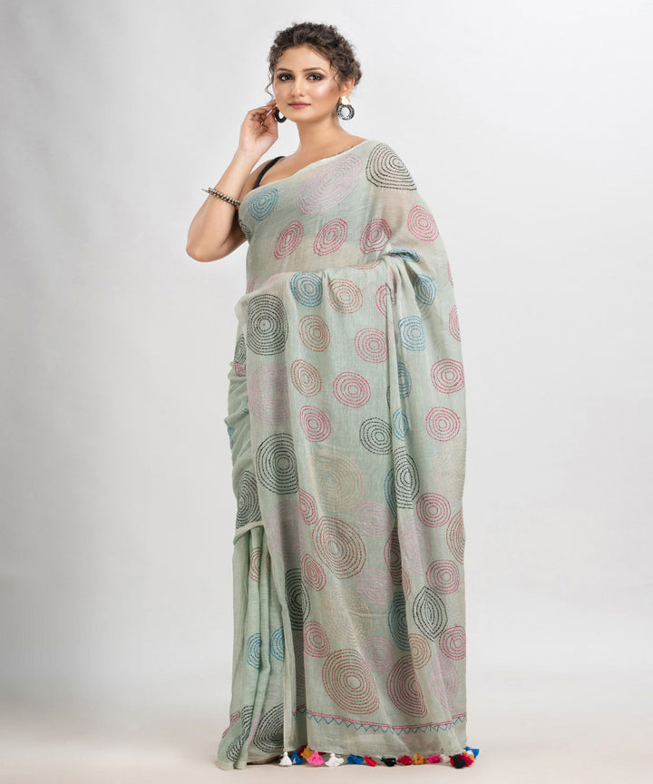 Grey tinge handwoven cotton embroidery bengal saree
