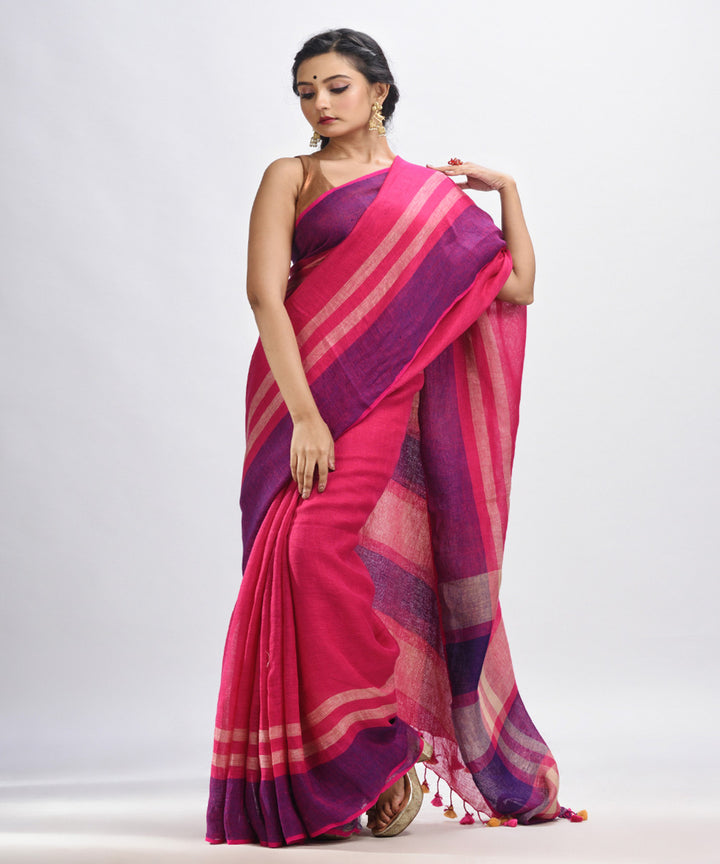 Pink purple handwoven linen bengal saree