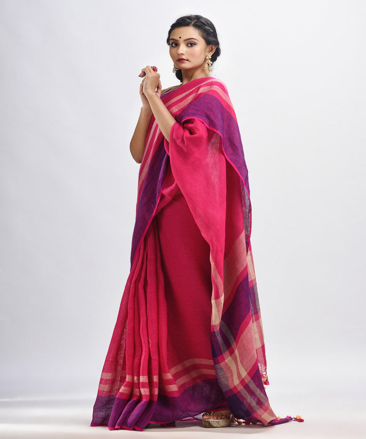 Pink purple handwoven linen bengal saree