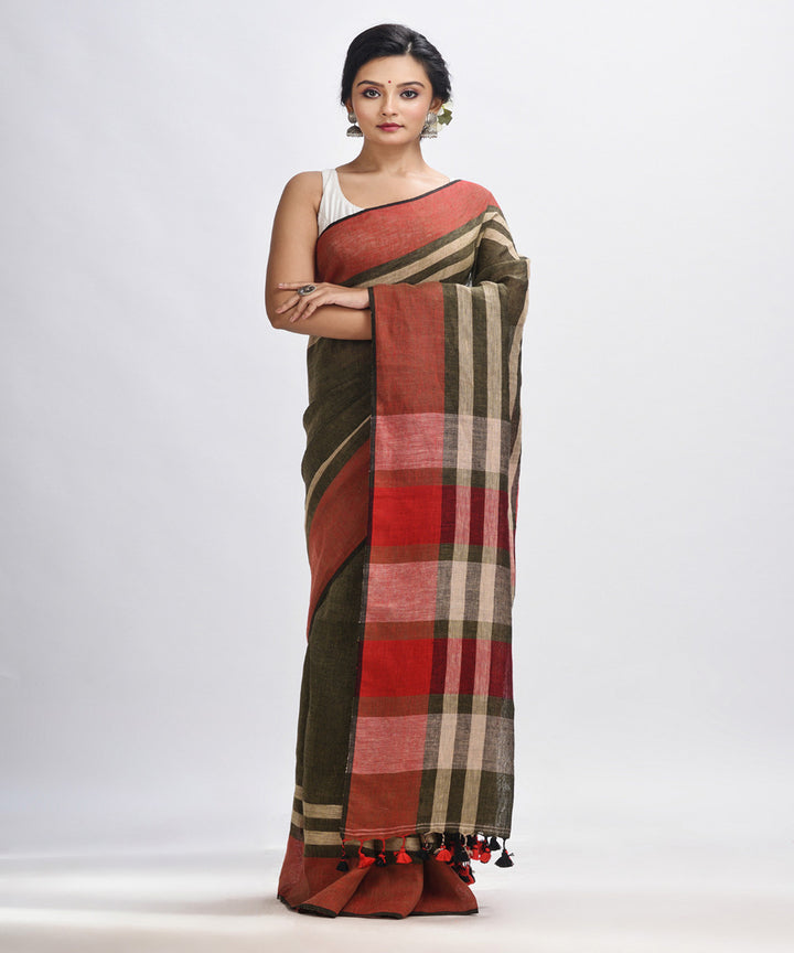 Dark green handwoven linen bengal saree