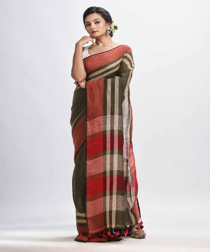 Dark green handwoven linen bengal saree