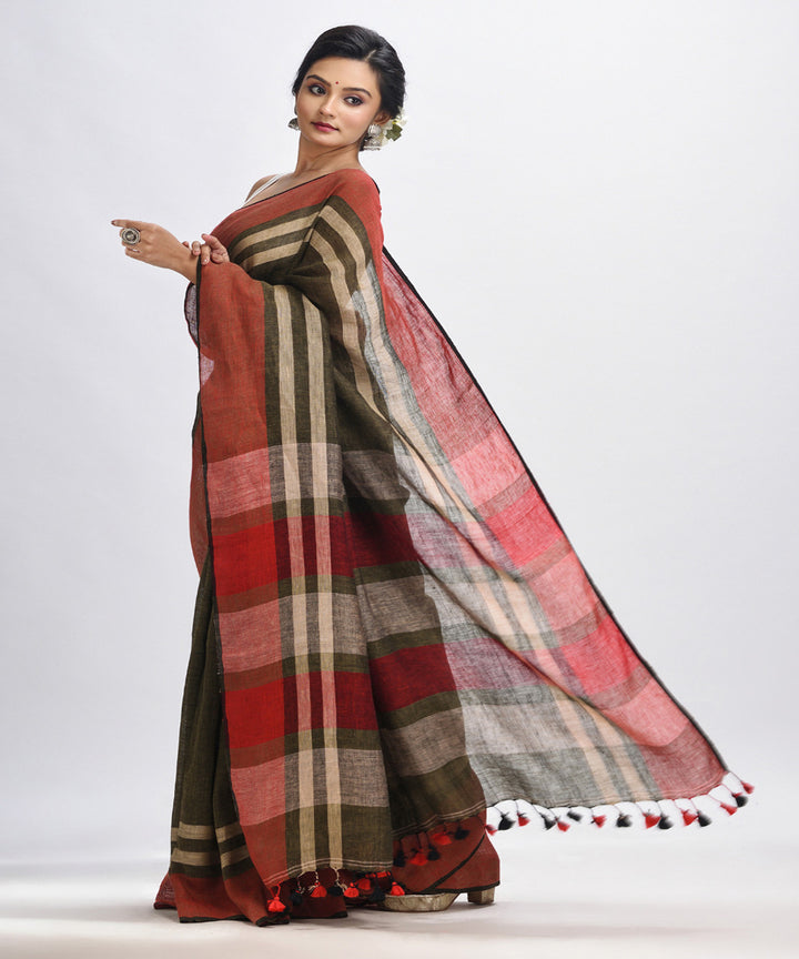 Dark green handwoven linen bengal saree