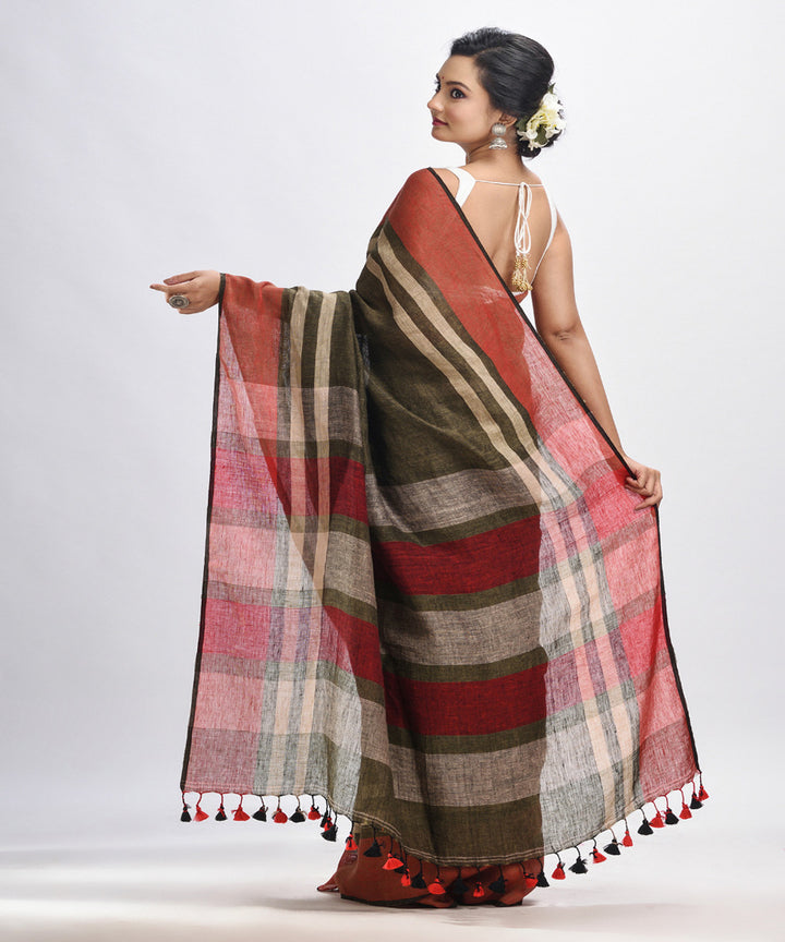 Dark green handwoven linen bengal saree