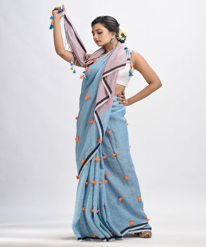 Sky blue handwoven linen stipes pallu bengal saree