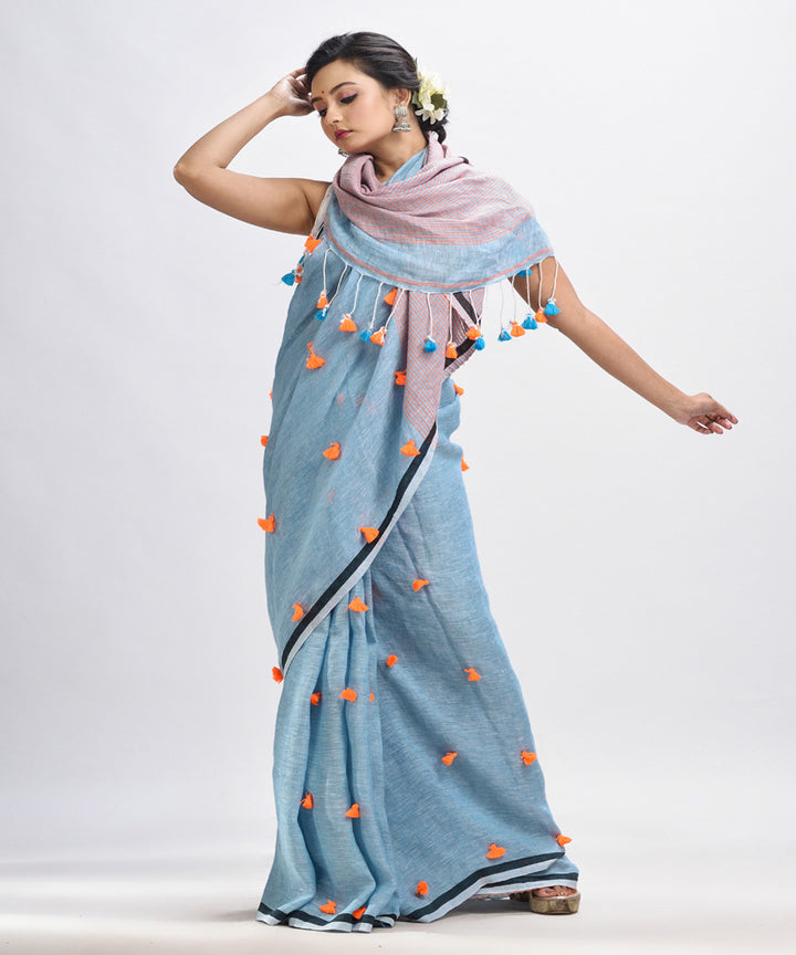 Sky blue handwoven linen stipes pallu bengal saree