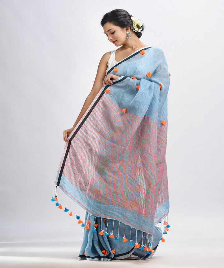 Sky blue handwoven linen stipes pallu bengal saree