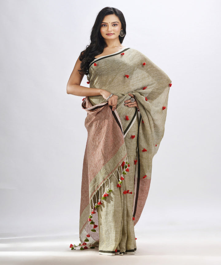 Sage green handwoven linen stipes pallu bengal saree