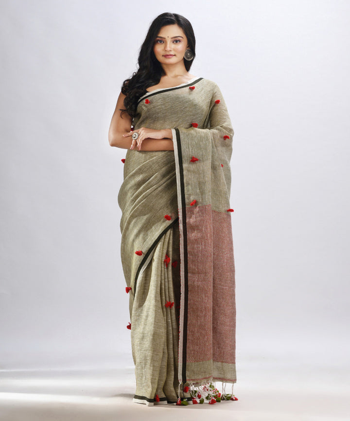 Sage green handwoven linen stipes pallu bengal saree