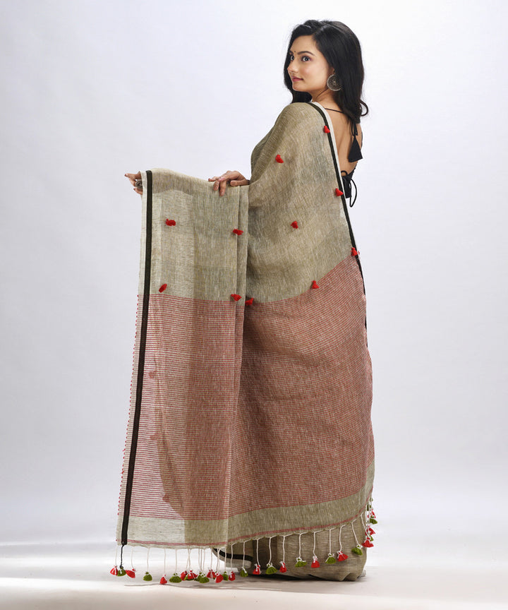 Sage green handwoven linen stipes pallu bengal saree