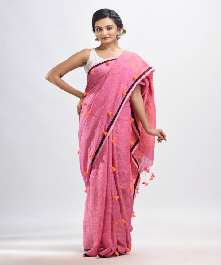 Livid pink handwoven linen stipes pallu bengal saree