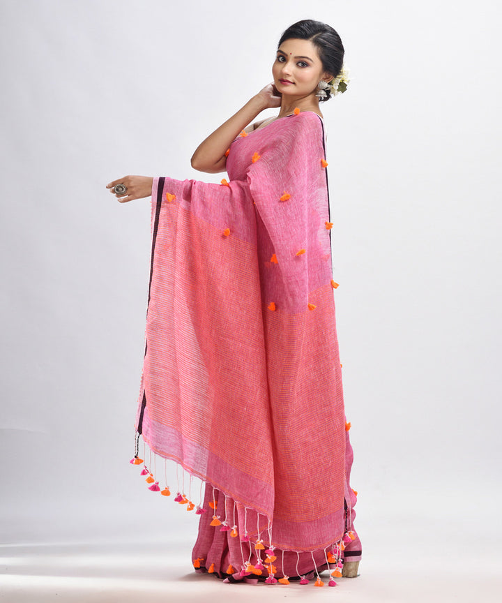 Livid pink handwoven linen stipes pallu bengal saree
