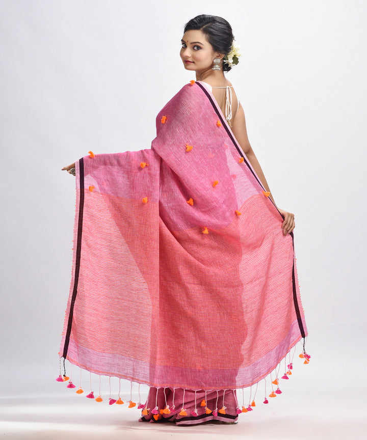 Livid pink handwoven linen stipes pallu bengal saree