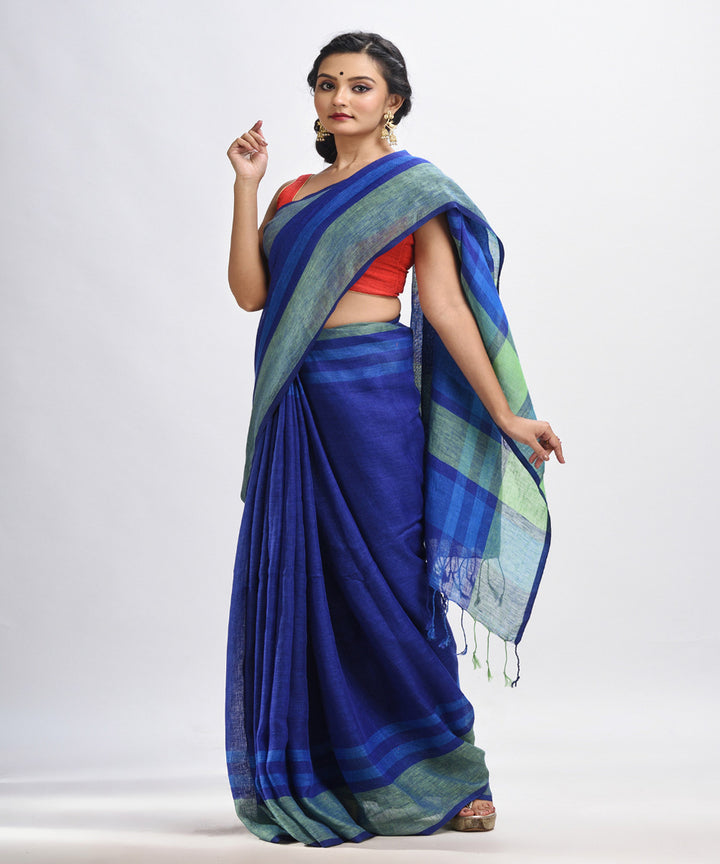 Royal blue handloom linen with stipes pallu saree
