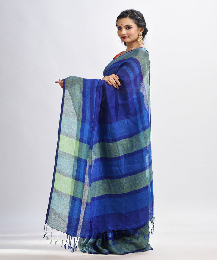 Royal blue handloom linen with stipes pallu saree