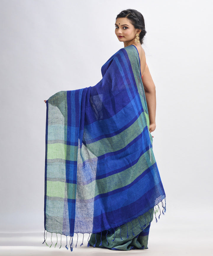 Royal blue handloom linen with stipes pallu saree